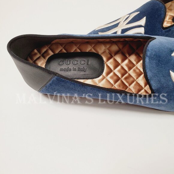GUCCI SHOES MENS NY YANKEES INSIGNIA BLUE VELVET LOAFERS - Picture 11 of 14
